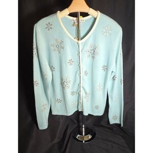 C.M.I. Embellished Snowflake Cardigan Sweater Womens M Light Blue Holiday